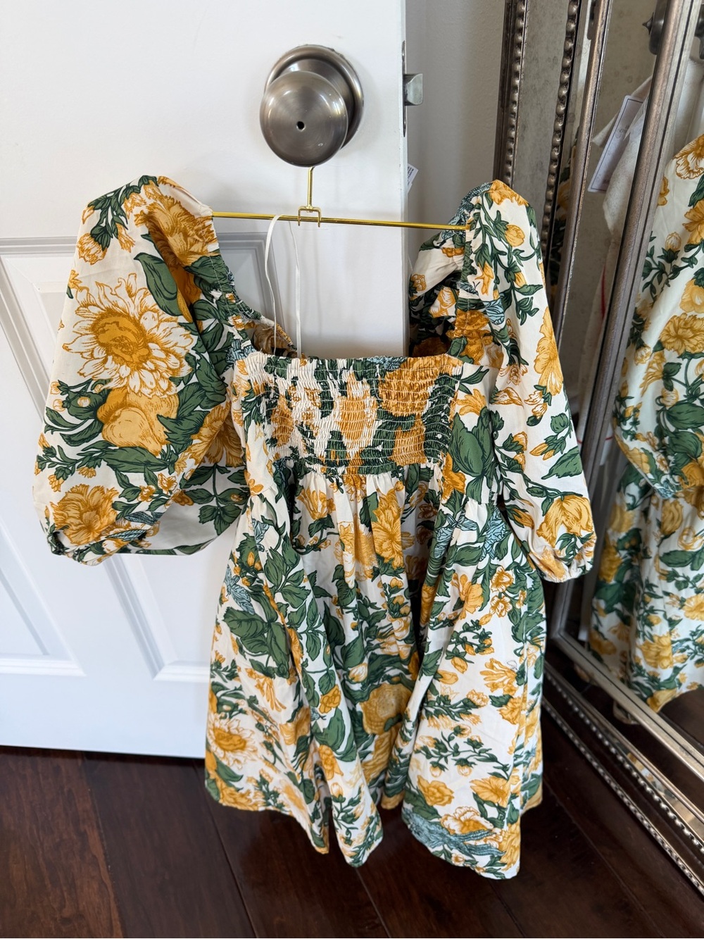 Abercrombie and Fitch Emerson Smocked Floral Puff-Sleeve Dress in Yellow